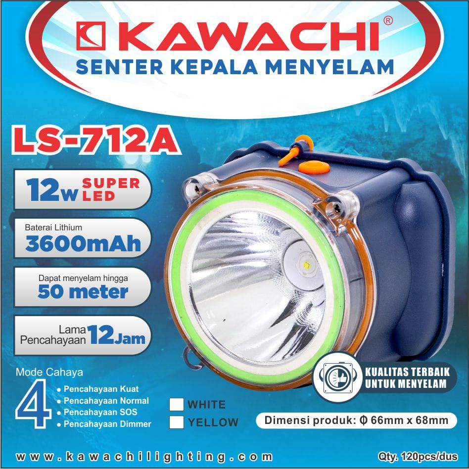 Kawachi Senter Kepala Selam LED Super Terang Lithium LS 712A 12Watt With Dimmer Switch Super LED Rechargeable FREE Cable Bundle 12 JAM