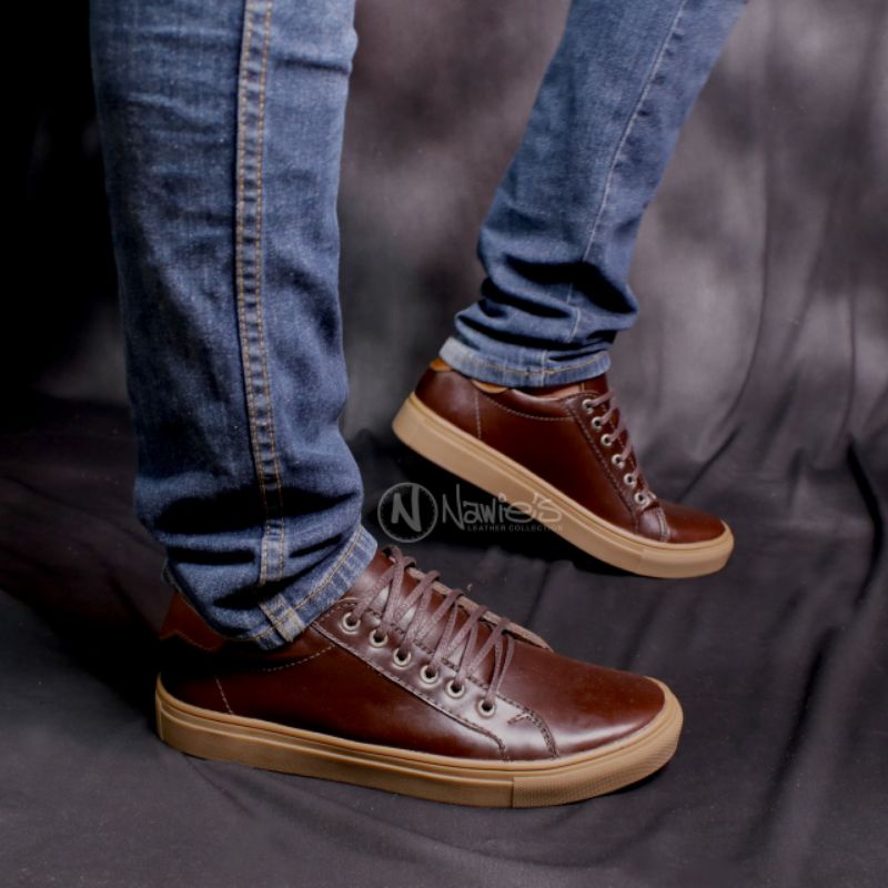 Sepatu Sneaker Kulit Sapi Asli 100% SnHaidar03 Nawies Leather Sepatu Tali Awet