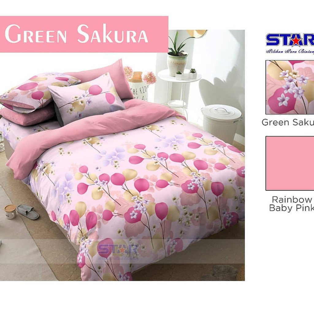 sprei motif shabby chic green sakura pink