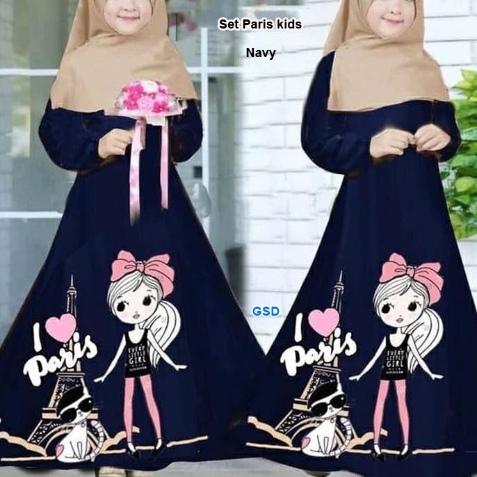 Set paris kids/setelan gamis dan kerudungan anak perempuan/casual gamis anak motif kartun lucu murah