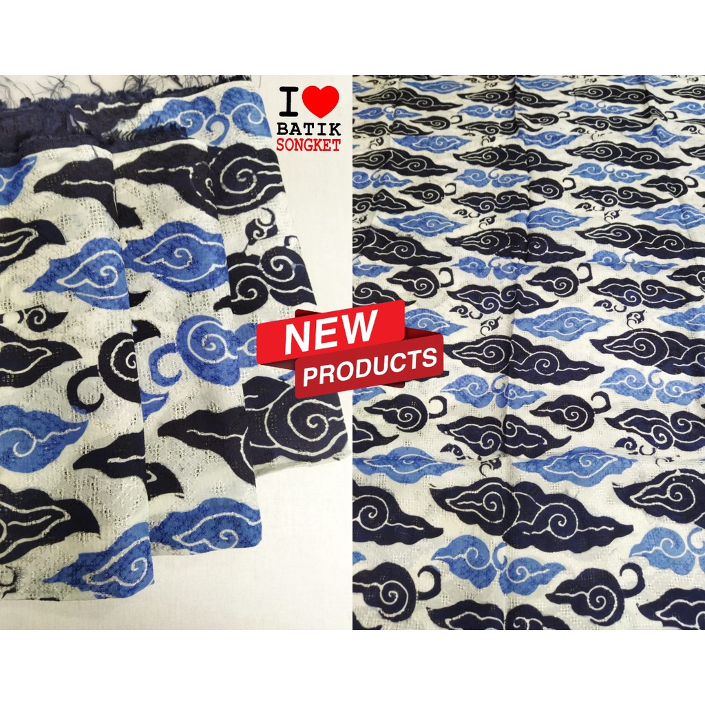 VISCOS PASTEL MEGA MENDUNG MOTIF 9 CIREBON BAHAN KAIN BATIK CAP VISCOSE VISKOS ATBM  BIRU PUTIH