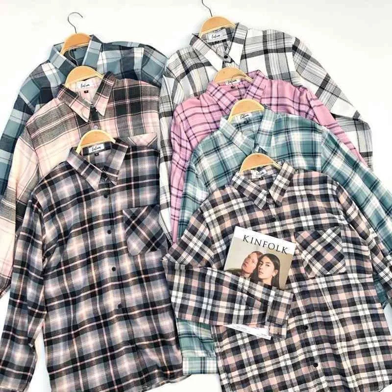 Kemeja Flanel Lengan Panjang Wanita Blouse Kotak Flannel Wanita other Hijab Hem Panjang Korea Oversi