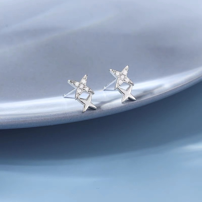 Roselife S925 Perak Bersinar Kristal Salib Double Star Stud Earrings Untuk Wanita Perempuan Korea CZ Telinga Perhiasan 1pasang