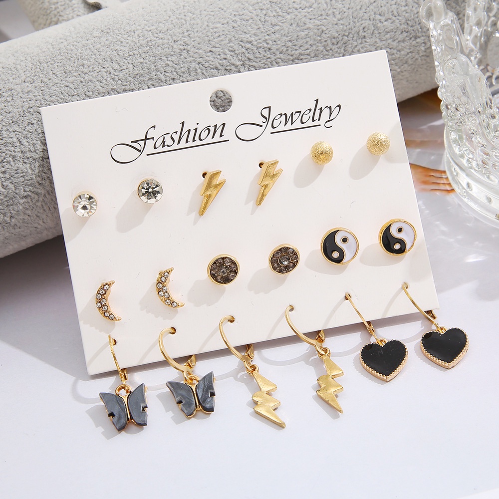 9 Pasang / Set Anting Tusuk Bentuk Bulat / Bulan / Hati Hitam / Kristal Untuk Perhiasan Wanita