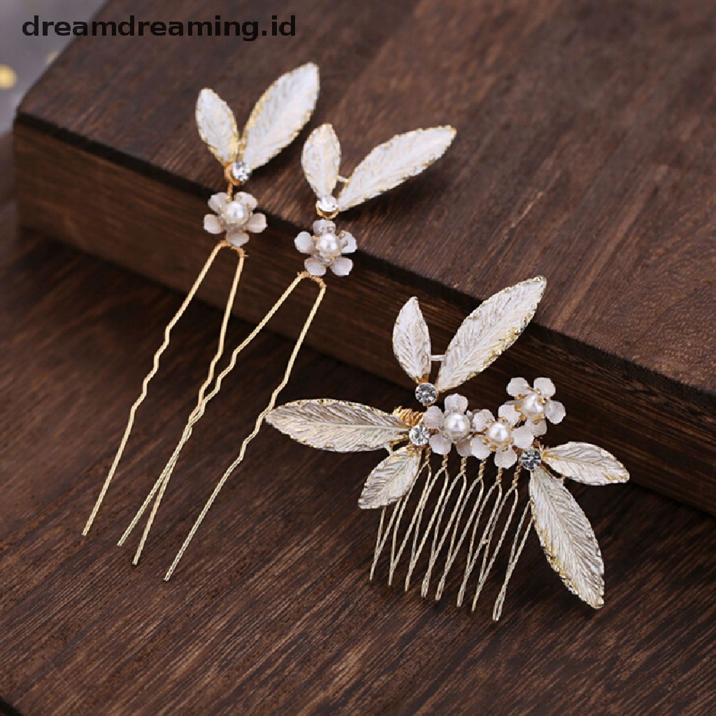 (dreamdreaming.id) 3pcs / Set Sirkam Motif Daun Aksen Mutiara Imitasi Untuk Aksesoris Pengantin Wanita