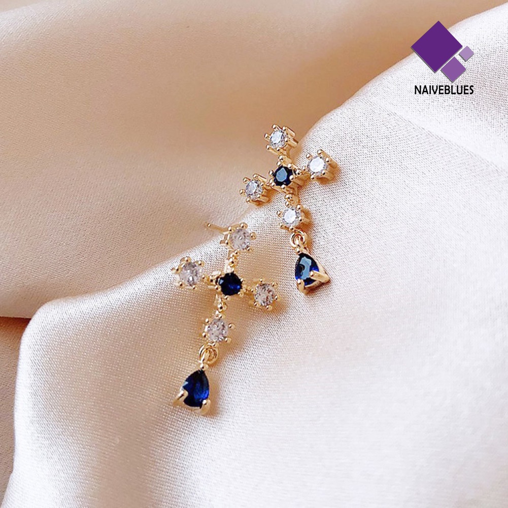 Anting Stud Sapphire Berlian Imitasi Bentuk Salib Untuk Wanita