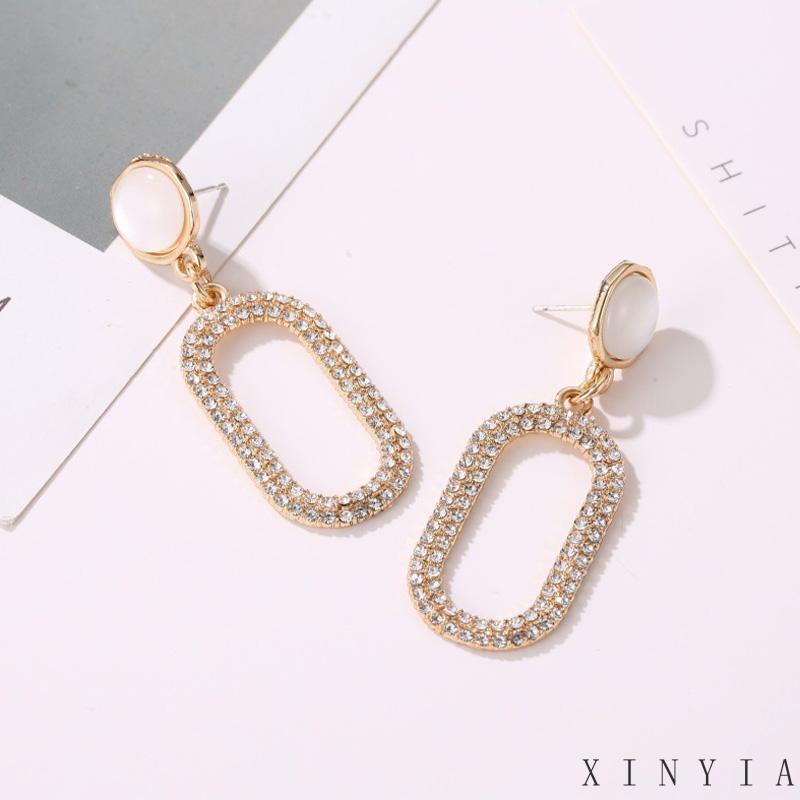 Anting Tusuk Gantung Desain Geometri Hias Opal + Berlian Berkilau Untuk Wanita XIA.ID