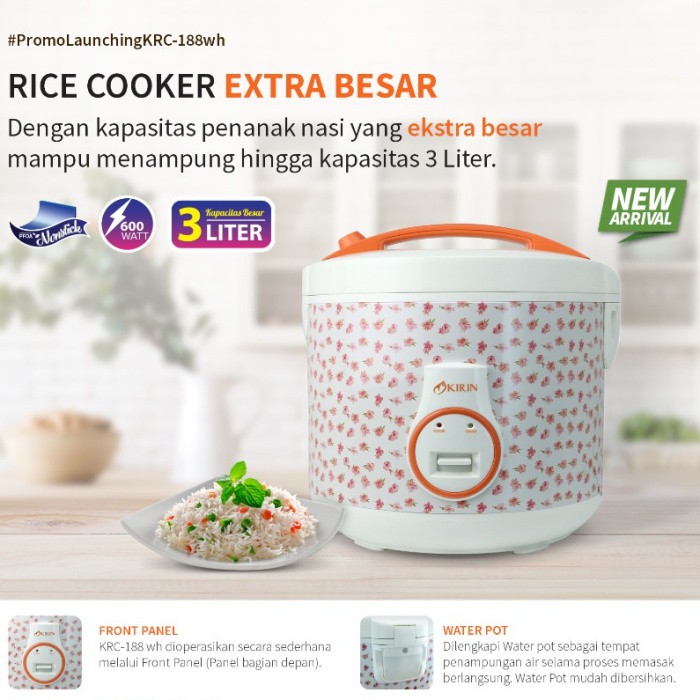 Rice Cooker Kirin KRC-188WH Kapasitas 3 Liter / KRC 188 WH