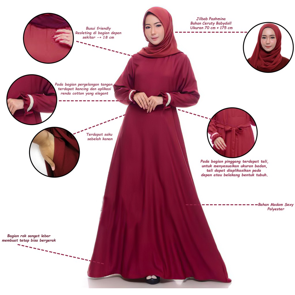 PROMO  1 SET GAMIS MAROON + PASHMINA INNER CIPUT | BUSANA MUSLIM SYAR'I MERAH MAROON GRATIS CIPUT