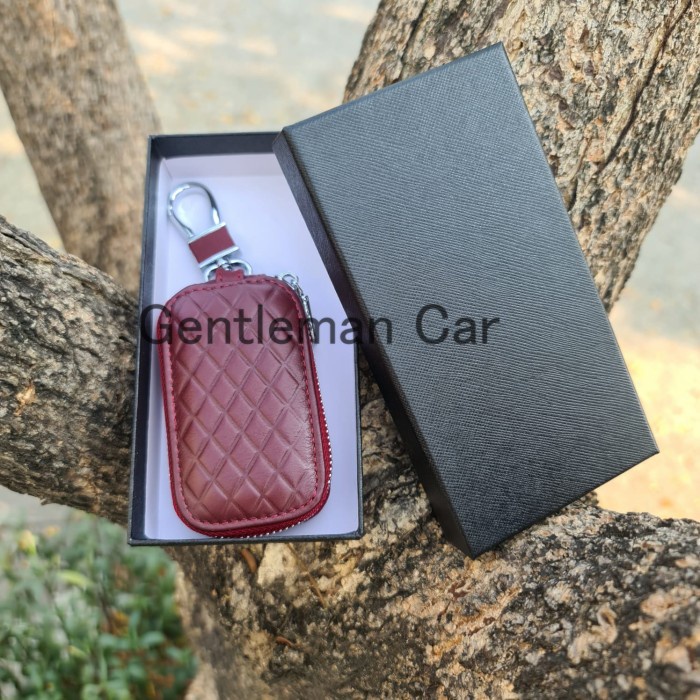 Dompet Kunci Kulit Anyaman Gantungan Cover Key STNK Mobil Motor Free Gift Box