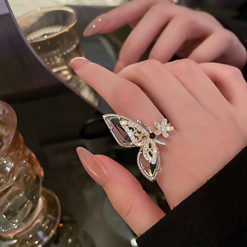 Cincin Model Terbuka Desain Bunga Kupu-Kupu Aksen Zircon Gaya Korea