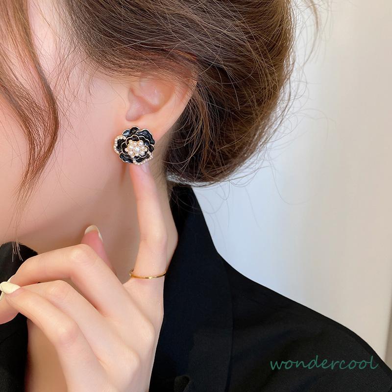 925 anting-anting mutiara Camellia Retro anting-anting bunga berlian-Won