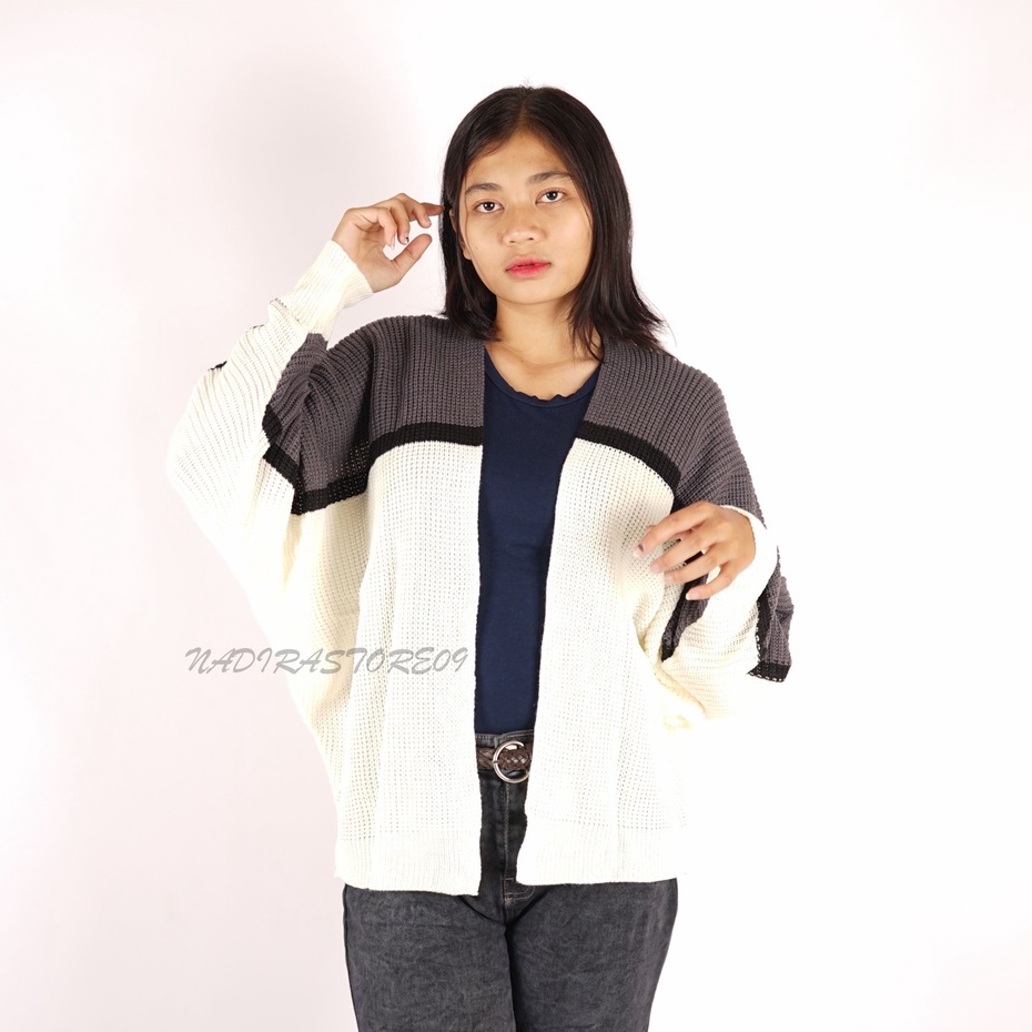 CARDIGAN BATWING RAJUT OVERSIZE PREMIUM / KOMBINASI / ABU TUA OFF WHITE STRIP HITAM