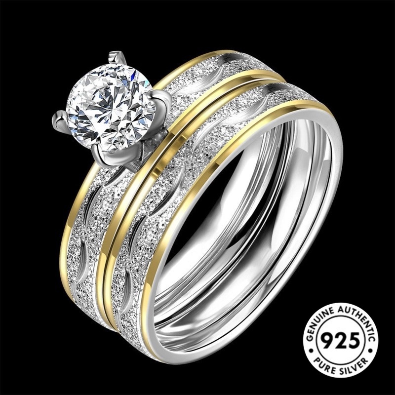 Set Cincin Lapis Silver S925 Hias Berlian Imitasi Elegan Untuk Wanita