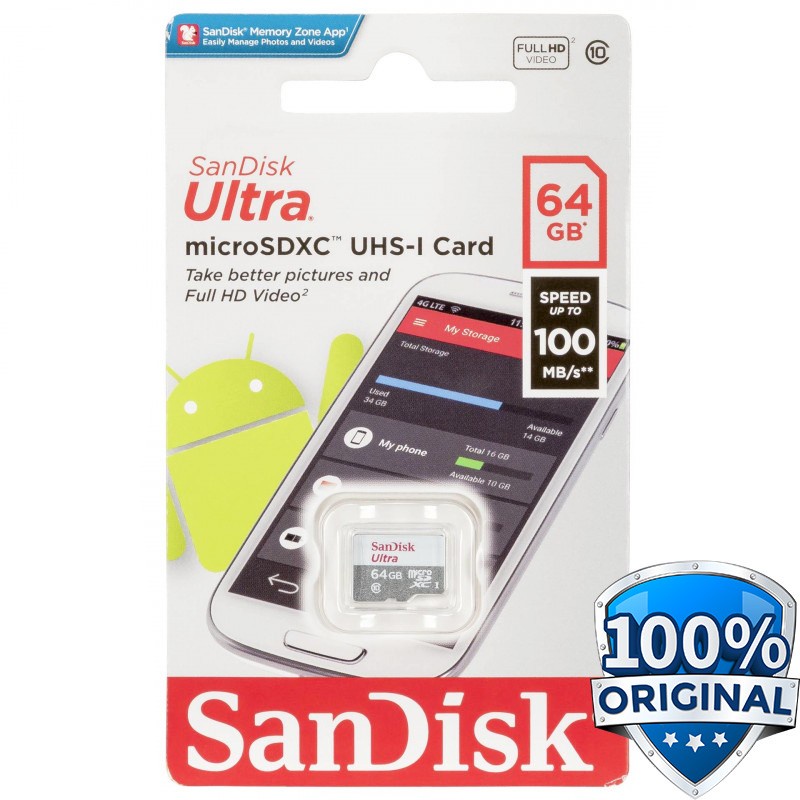 SanDisk Ultra microSDHC Card UHS-I Class 10 (100MB/s) 64GB - SDSQUNR