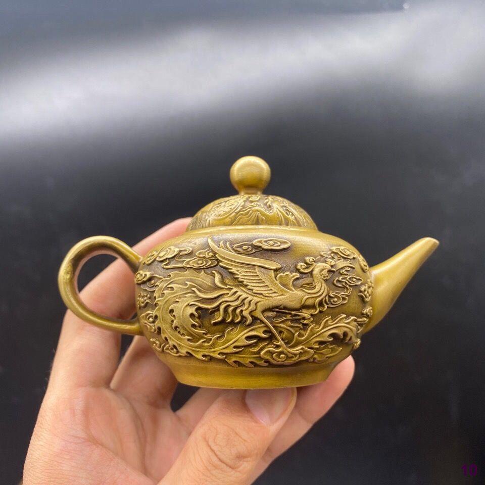 Kuningan Naga dan Phoenix Pot Tembaga Murni Anggur Pot Ketel Menangani Pot Tua Pot Tembaga Qianlong 