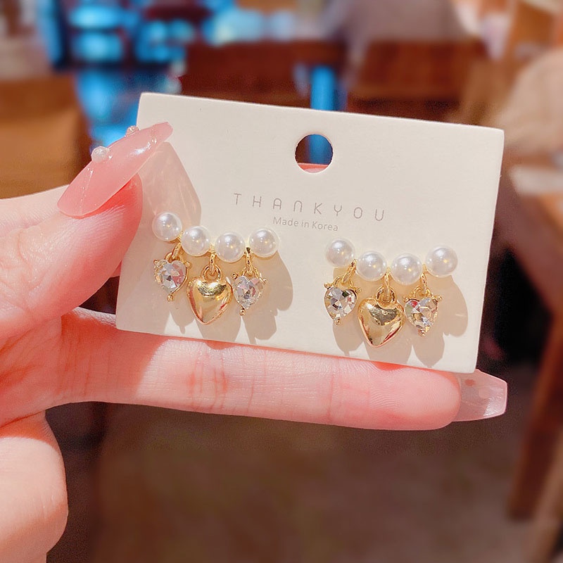 Anting Tusuk Sterling silver 925 Desain Hati Hias Mutiara + Berlian Imitasi Mewah Untuk Wanita