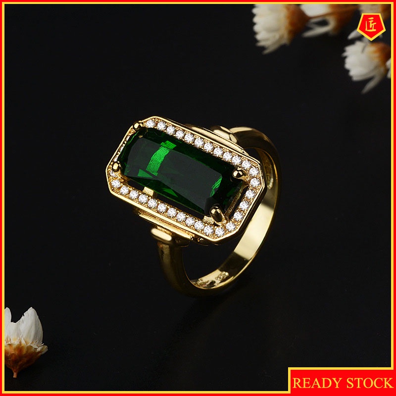 [Ready Stock]Elegant Personality 18K Gold Emerald Ring