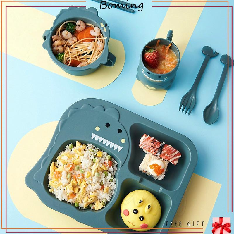 6Pc/Set Baby Cutlery Set Child Cute Cartoon Divided Grid Drop Resistant Plate Fork Spoon Combination Cup Set