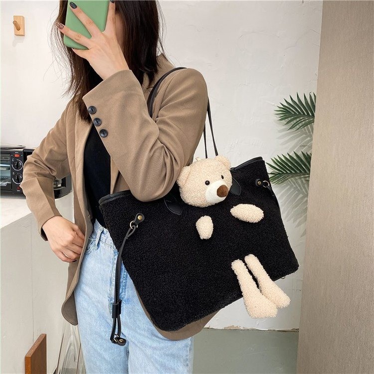 [COD] LB - Tote bag import unik bahan woll hiasan boneka lucu ukuran 41x16x28.5 / Tas unik 403