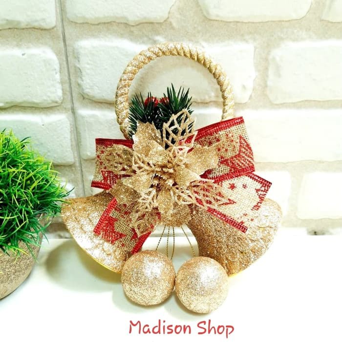 mdsll273 Lonceng Krans Natal Dekorasi Bunga Pita Emas mdsll273 Lonceng Krans Natal Dekorasi Bunga Pita Emas