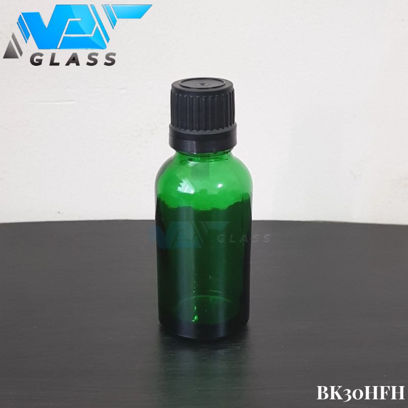 botol kaca 30ml tebal hijau tutup filler hitam