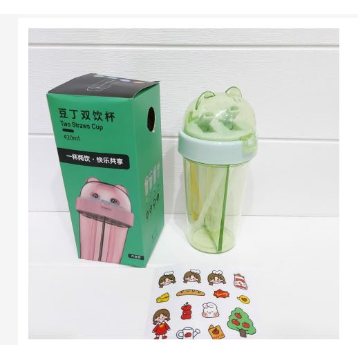 BOTOL MINUM 2 SISI KEPALA BERUANG- Botol minum 420ml 2 Sedotan - Botol Minum Dual Use  PLUS STIKER free Stiker