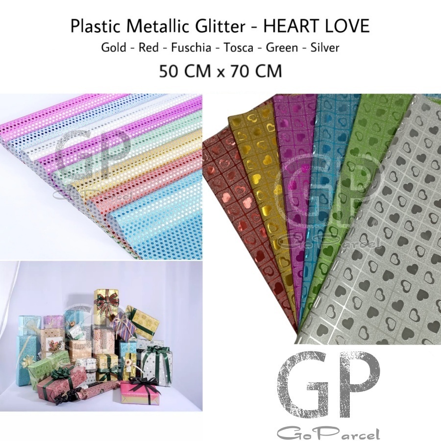 ( 3 Lembar ) PLASTIC METALLIC GLITTER - HEART LOVE - SILVER GOLD BUTTER FLY - KERTAS KADO PLASTIK GLITER METALIK EMAS