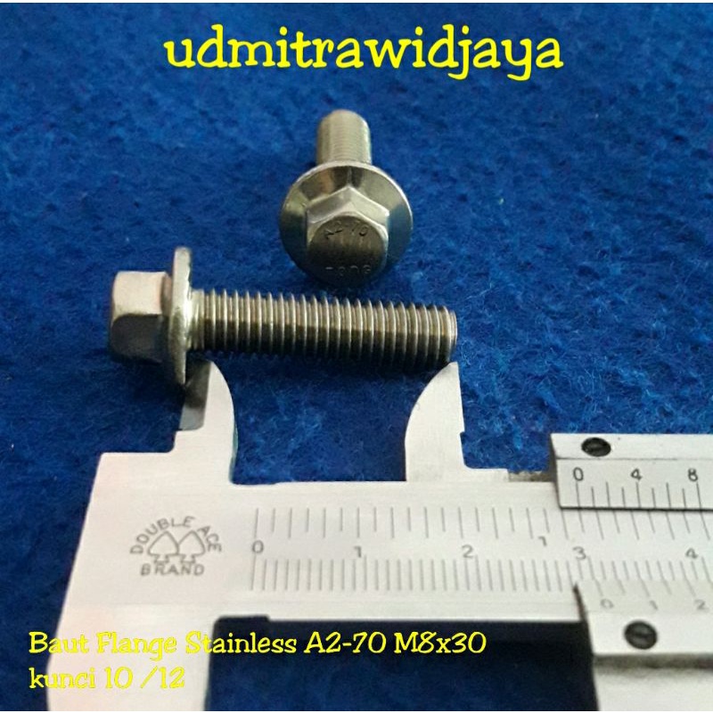 Baut flange stainless stell 304 kode A2-70 kunci 13 M8x30mm 3cm flange bolt SS baut kunci 12 stenlis