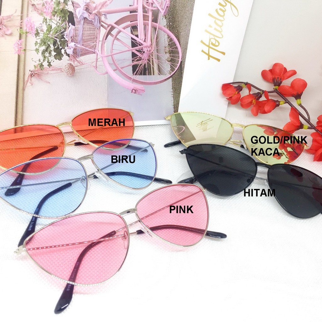 Kacamata Korea Cat Eye Lensa Pink Biru Merah Kaca Mirror - BG0G1