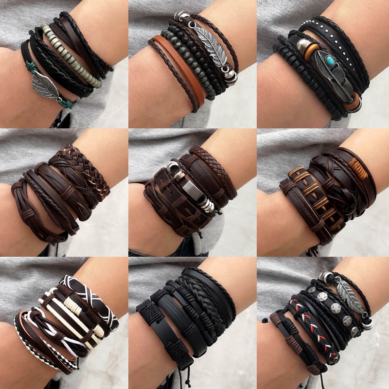 5 / 6Pcs Gelang Tangan Kulit Kepang Adjustable Gaya Hip Hop Punk Untuk Pria