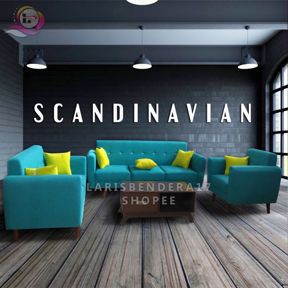 Set Sofa Retro 321 Scandinavian + Meja Laci Minimalis & CLASSIC Idaman Keluarga | Biru