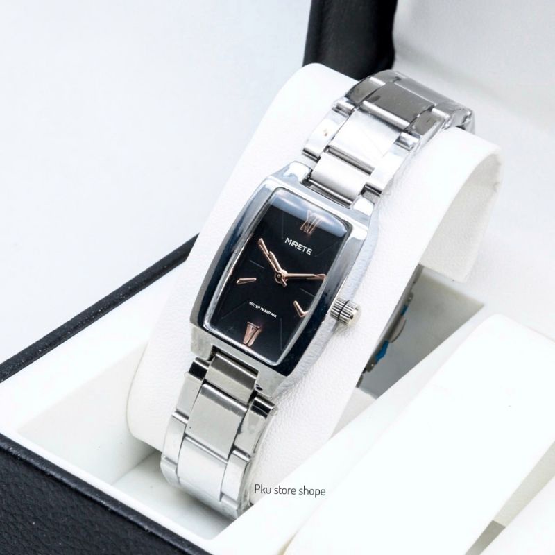 COD JAM TANGAN WANITA MERETE ORIGINAL JAM TANGAN KASUAL WANITA IMPORT TAHAN AIR JAM TANGAN CEWEK TAHAN AIR RANTAI STAINLIS STEL PETAK, JAM TANGAN SPORTY WANITA WATER RESISTANT MIRETE-Silver p. Hitam oval