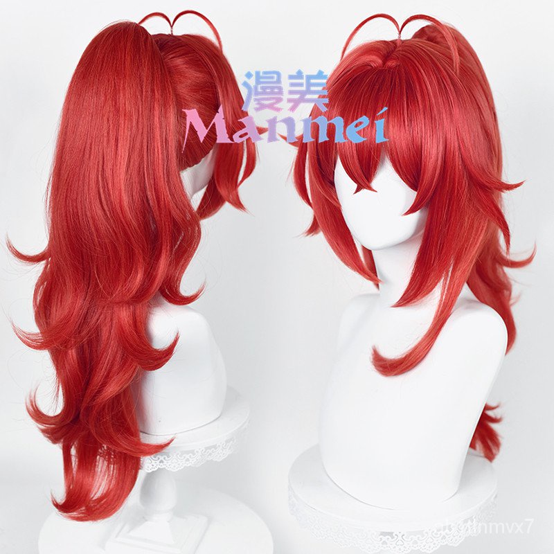 Game Genshin Impact Diluc Cosplay Wig High Ponytail Halloween Red Long Hair Wigs