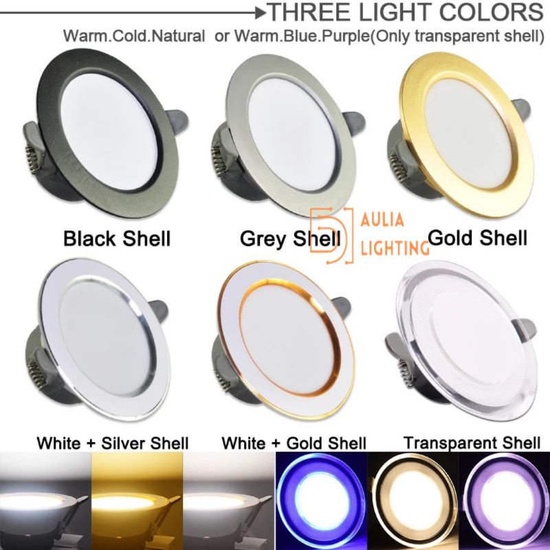 Lampu Downlight 3 warna 5w 6w 7w Led Panel Inbow Putih Natural Kuning Biru Ungu 5 6 Watt Hias Plafon