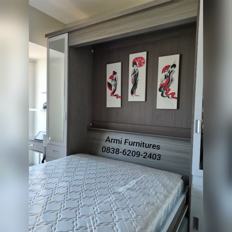 Wall bed / Murphy bed Ukuran 160x200cm + sofa + Kabinet + meja lipat