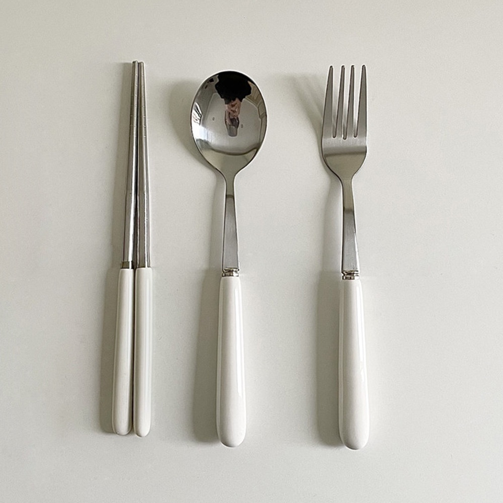 1pc Peralatan Makan Sendok Garpu Sumpit Bahan Keramik Stainless Steel Warna Putih