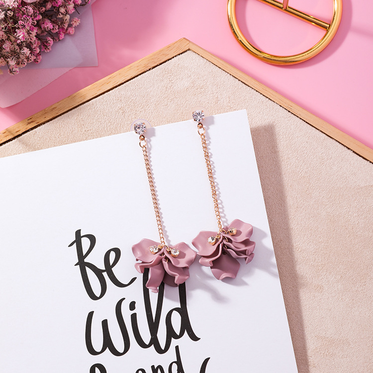 Anting Wanita Anting Bunga Dusty Pink Rumbai Mutiara Permata Aksesoris Fashion Earrings