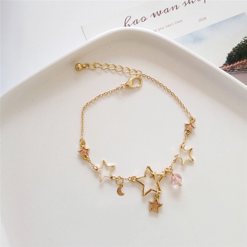 Korea Bintang Gelang Bulan Lucu Liontin Gelang Wanita Fashion Perhiasan Aksesoris ANTOP-Pink