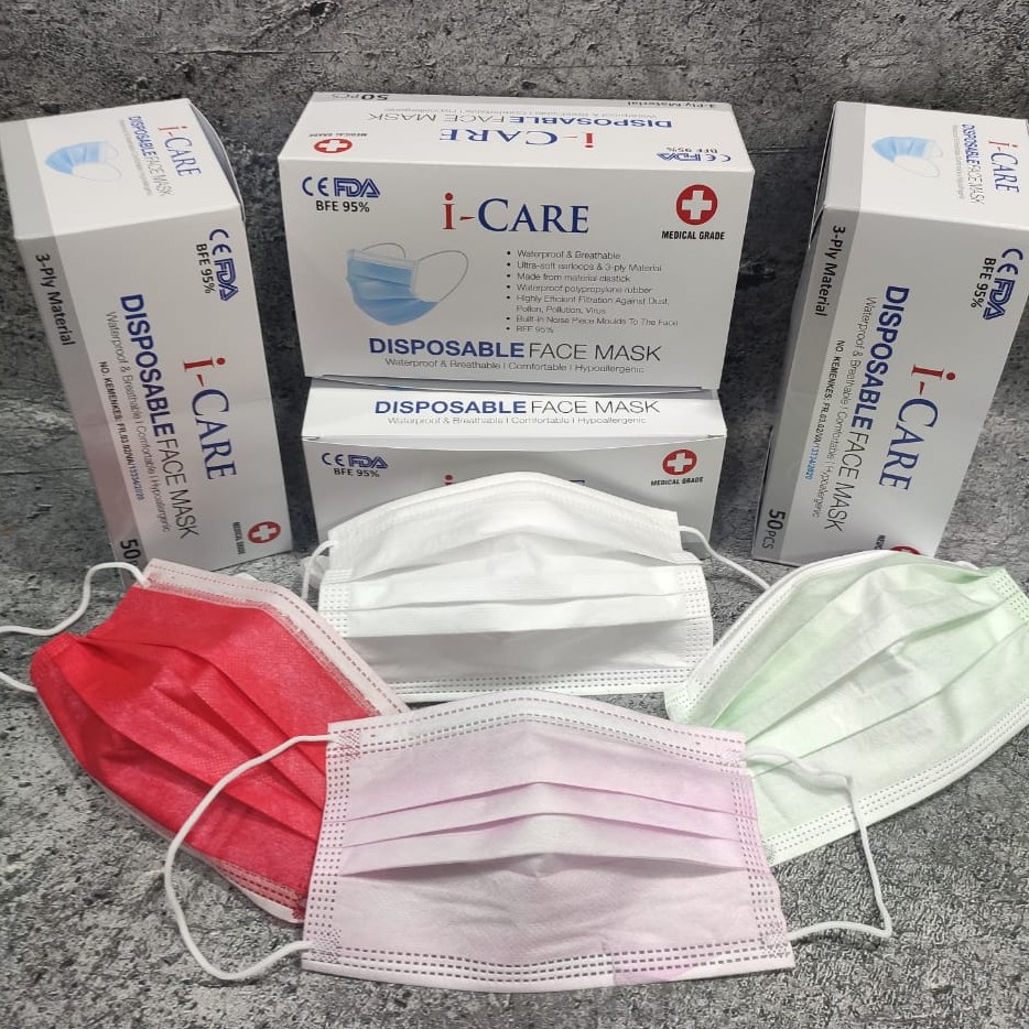 MASKER 3PLY ICARE I CARE EARLOOP KEMENKES WARNA PINK MERAH HIJAU PUTIH ABU HITAM BIRU