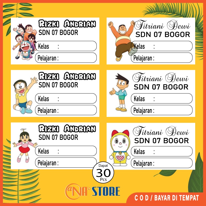 

30 Pcs Stiker Label Nama Buku Pelajaran Sekolah Karakter Doraemon