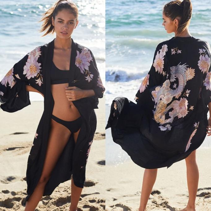 Cardigan Panjang Import Bikini Outer Hitam Bunga Naga Jumbo Big Size Termurah