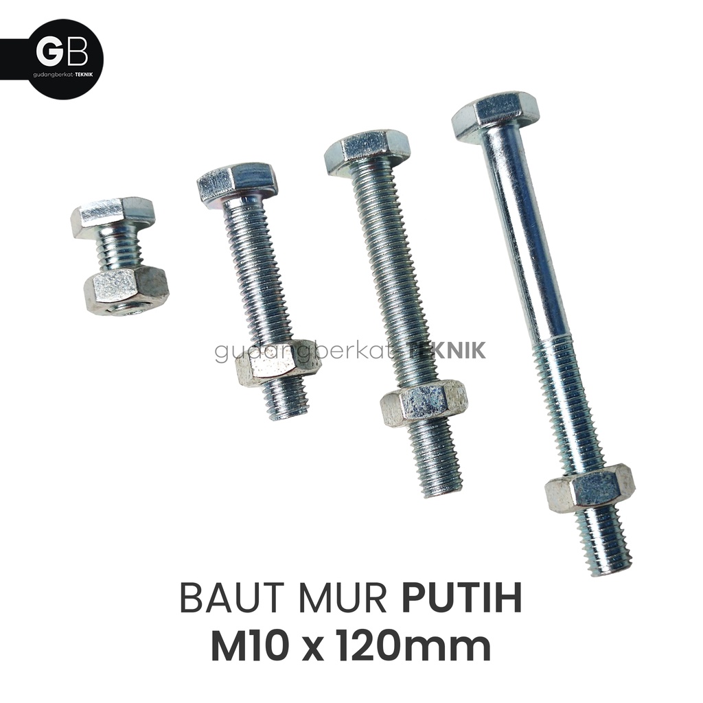 Baut Mur Putih M10x120 / BMP 10x120 (120mm) / Baut M10 Putih Kunci 17