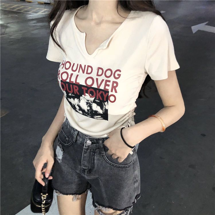 Suhao Pure Desire Pusar Pendek V-Neck T-Shirt Musim Panas Baru Chic Manis Spice Girl Bahu Depan Slim Serut Lengan Pendek Top Wanita