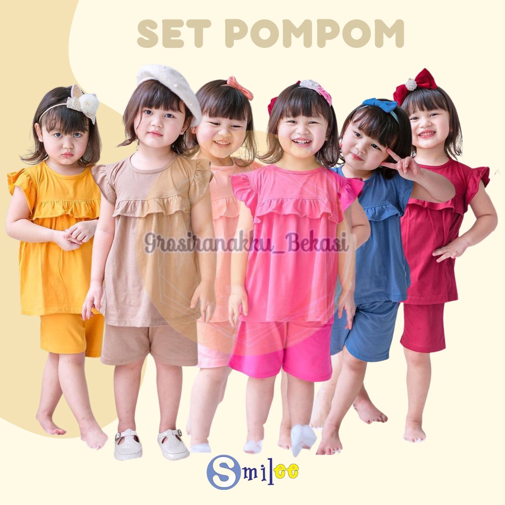 Setelan Anak Kaos Smilee Pompom mix warna size 1-5Tahun