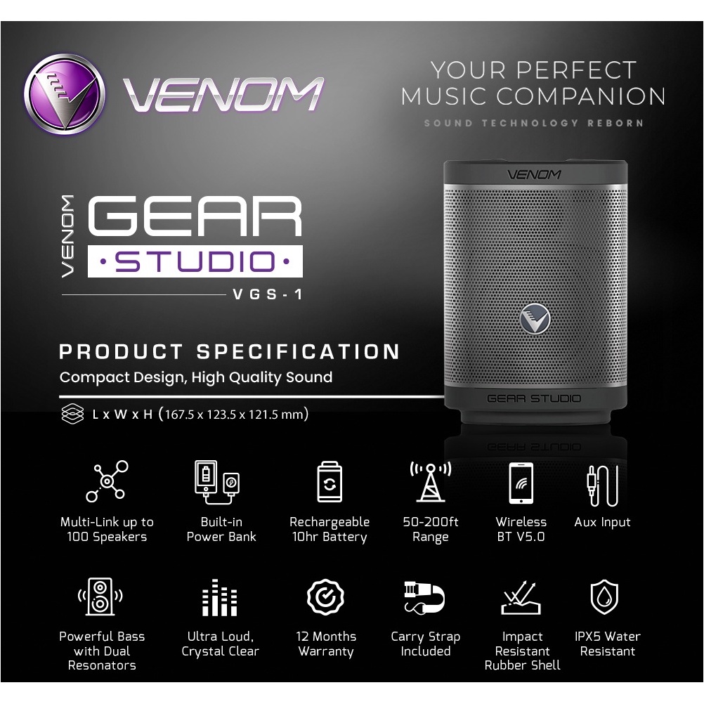 Venom Gear Studio VGS-1 Speaker Portable Bluetooth 5.0 IPX5