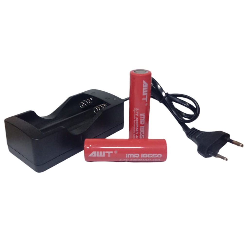 Paket Charger 2 Slot + 2 PCS Baterai Li-ion IMR AWT 18650 3000mAh 3.7V Warna Merah