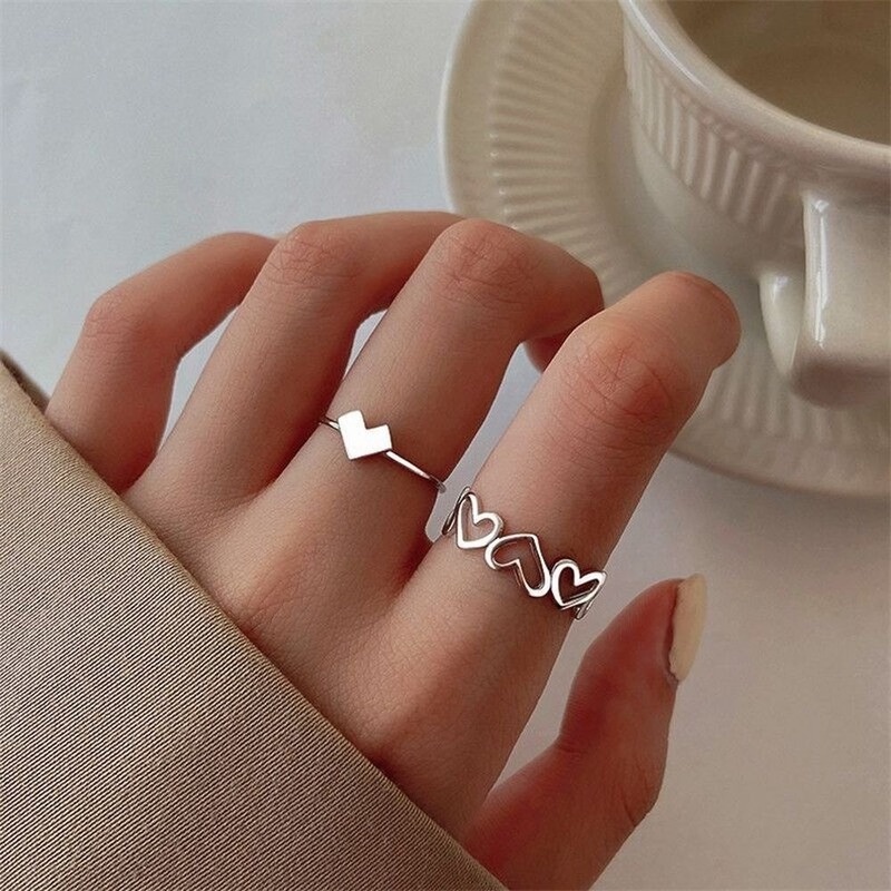 2pcs / set Cincin Model Terbuka Desain Hati Gaya Korea Untuk Wanita