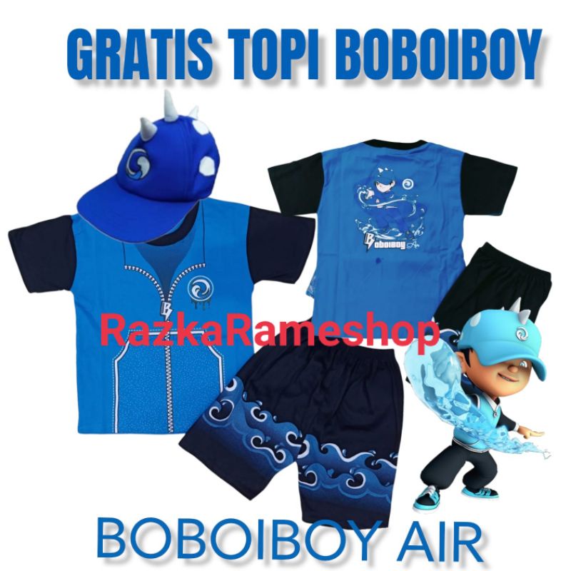 KOSTUM SETELAN ANAK DAN  BOBOI API, PETIR, AIR , MOTIF LEVIS DAN TOPI