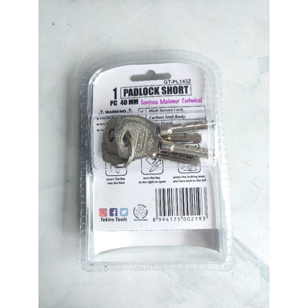 TEKIRO 40 MM Gembok Nikel Leher Pendek Padlock Short 40mm